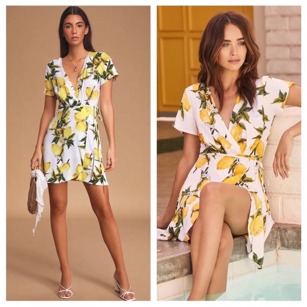 Lulus A La Tart Lemon Print Wrap Dress